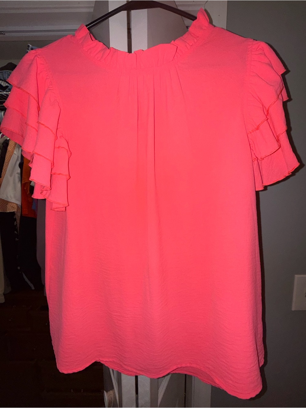 Women’s Ruffle Sleeve Blouse - Bright Coral Pink